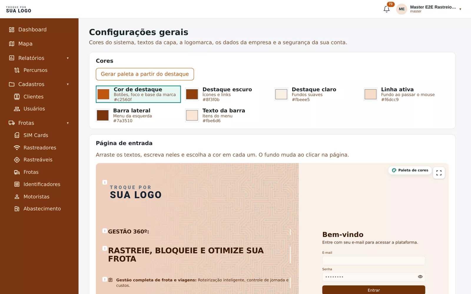 Tela de aparência com as cores da marca e a página de entrada editável