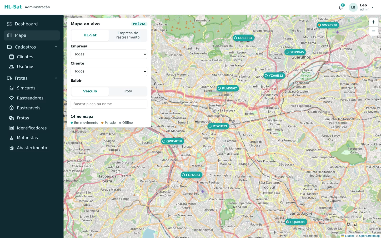 Mapa ao vivo com os veículos em movimento, parados e sem sinal