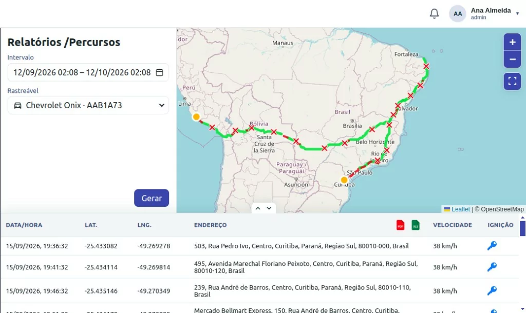 Relatório de percurso no mapa com a lista de posições e o endereço de cada uma